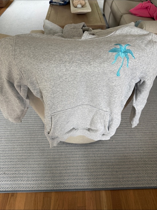 Pink Palm Puff Tops - Gray Women's Pullover Hoodie with Teal Palm Embroidery